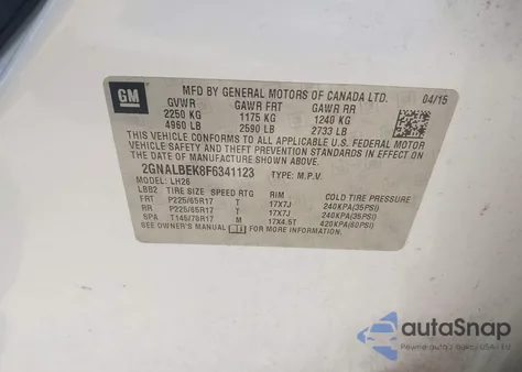 2015 Chevrolet Equinox 1Lt z USA, uszkodzony, nr VIN 2GNALBEK8F6341123